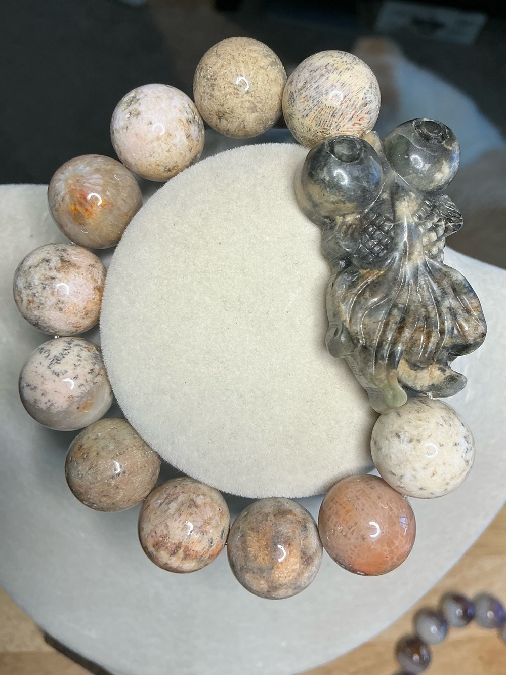 Coral Jade 15mm with Rhodonite Koi Fish